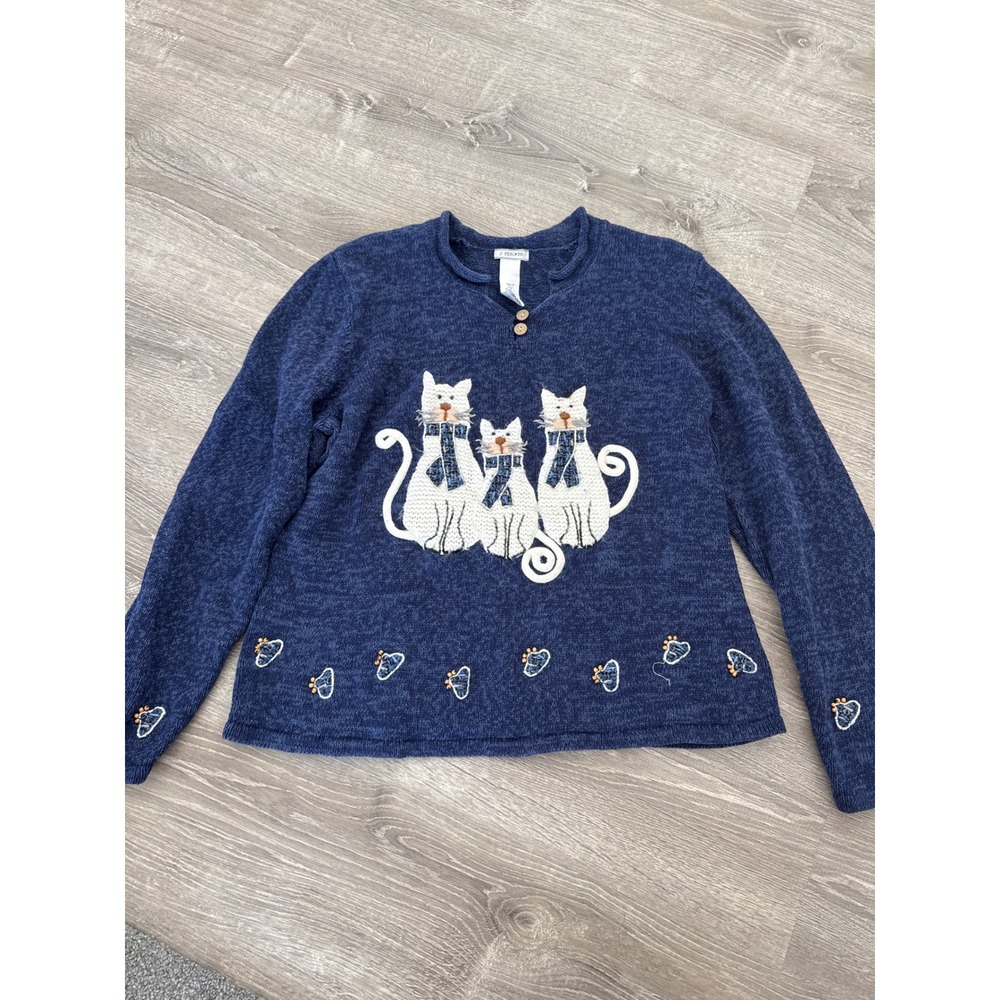 2 Friends Womens Blue Embroidered Cat Sweater Ramie‎ Cotton Blend Size L Vintage